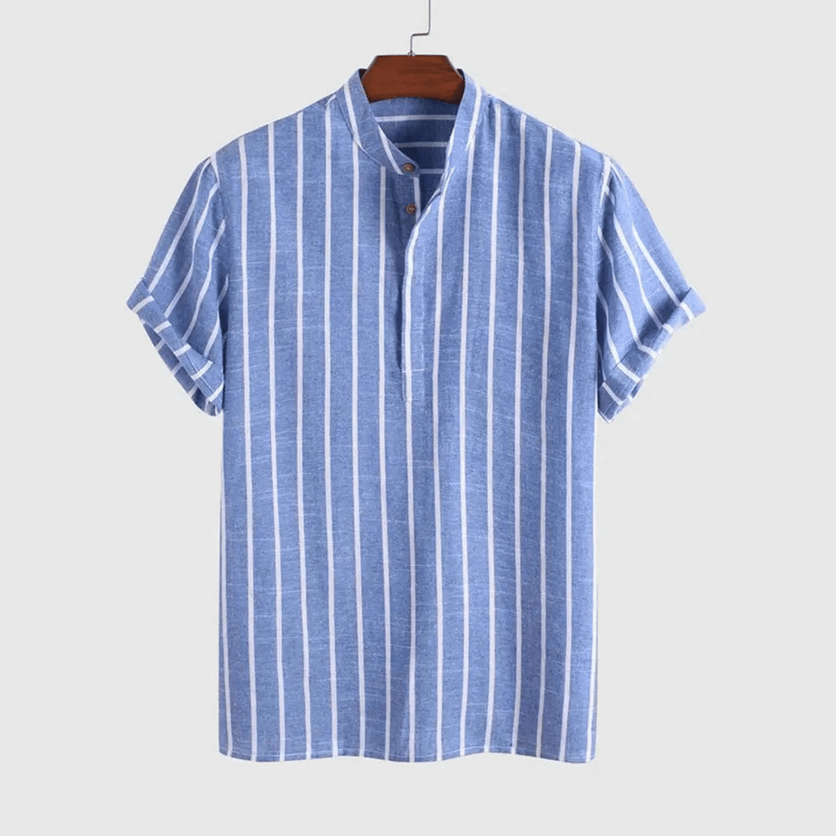 Camisa Listrada Manga Curta, gola padre de Linho 100% - Italiana