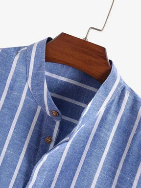 Camisa Listrada Manga Curta, gola padre de Linho 100% - Italiana