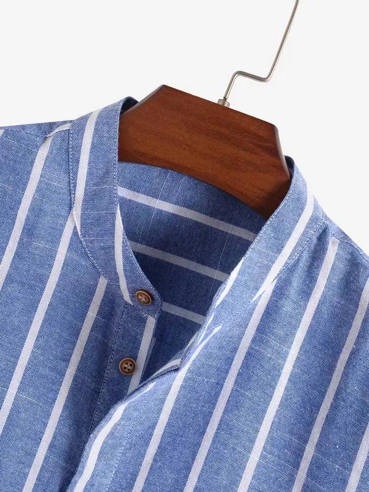 Camisa Listrada Manga Curta, gola padre de Linho 100% - Italiana