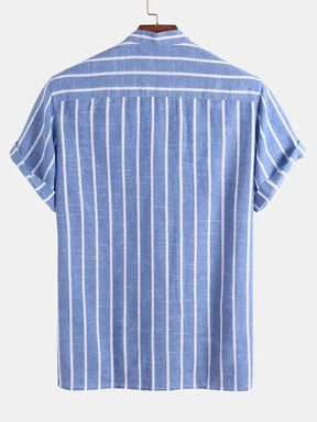 Camisa Listrada Manga Curta, gola padre de Linho 100% - Italiana
