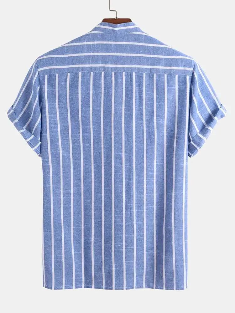 Camisa Listrada Manga Curta, gola padre de Linho 100% - Italiana