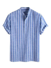 Camisa Listrada Manga Curta, gola padre de Linho 100% - Italiana