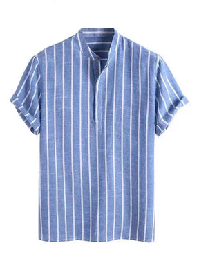 Camisa Listrada Manga Curta, gola padre de Linho 100% - Italiana