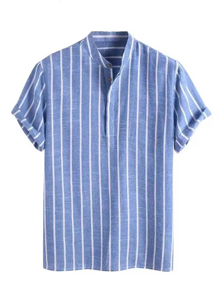 Camisa Listrada Manga Curta, gola padre de Linho 100% - Italiana