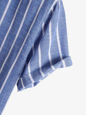 Camisa Listrada Manga Curta, gola padre de Linho 100% - Italiana