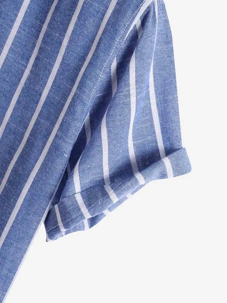 Camisa Listrada Manga Curta, gola padre de Linho 100% - Italiana